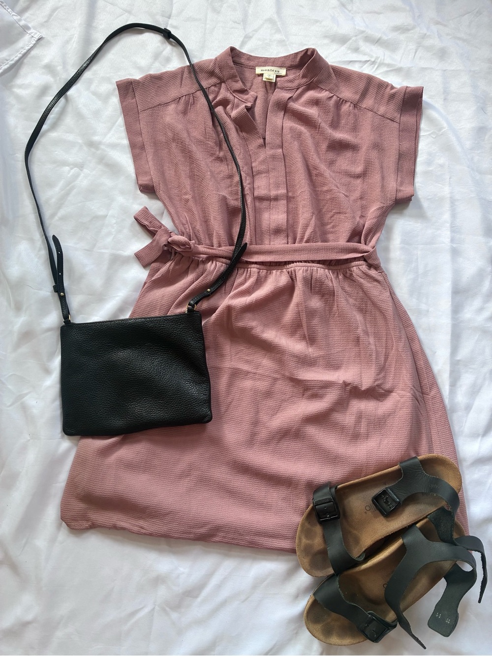 Monteau Dusty Rose Tie-Waist Short Sleeve Mini Dress